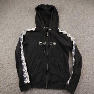 Bebe Black Zip Up Hoodie Rhinestone Logo Floral Lace Sleeve Trim Womens Medium